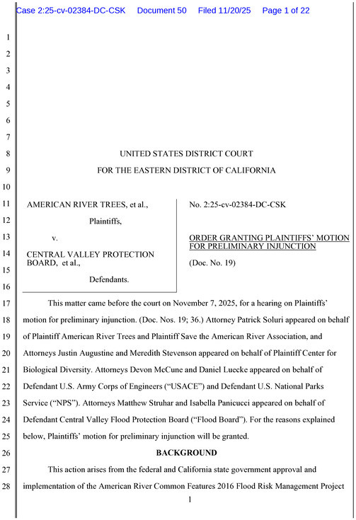 SACRAMENTO, November 24, 2025 — In response to a lawsuit filed by the Center for Biological Diversity, Save the American River Associatio...