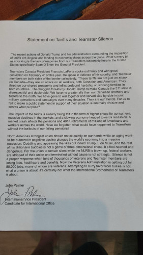 Statement Of IBT VP John Palmer On Tariffs & Trade War