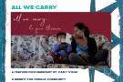 Flyer from the Immigrant Voices Film Series, image from the film with a Photo of a woman and a young child sitting together on a couch.