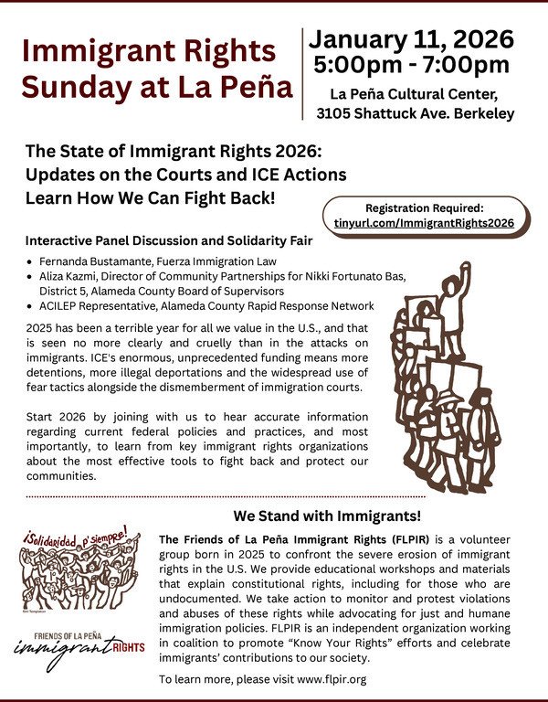 White background and black and brown letters, with two drawings of stick-figure people in big groups.