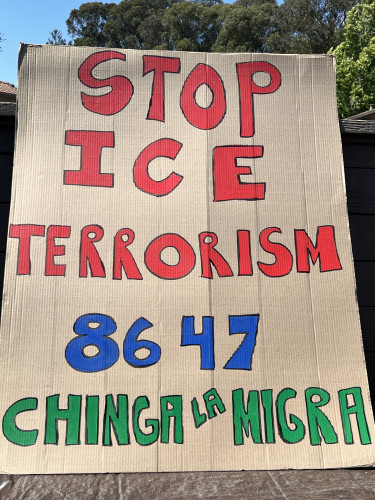 Sign that says Stop Ice Terrorism 86 47
