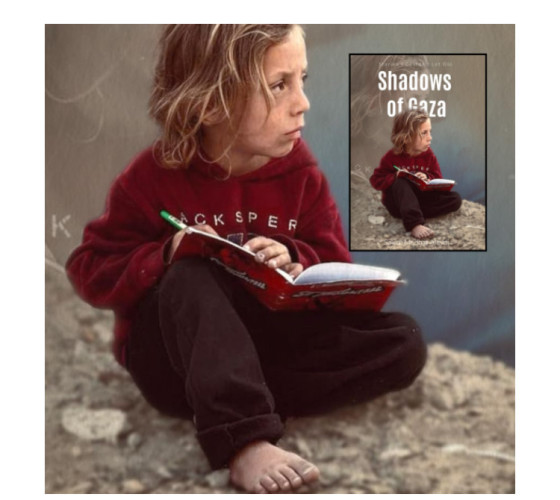 Child (Zain), in Northern Gaza, wearing red shirt and brown sweatpants, sitting barefoot on rubble while holding a notebook and pen. 