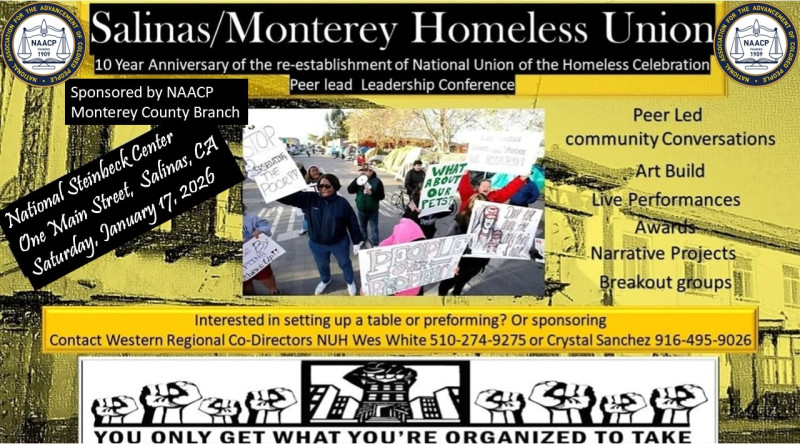 National John Steinbeck Center
One Main Street
Salinas, CA
Donations: https://donorbox.org/10-year-anniversary-salinas-homeless-union