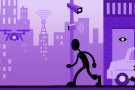Purple illustration with person walking past satellite, surveillance camera, drone, and cop