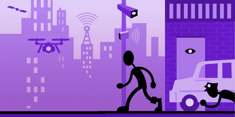 Purple illustration with person walking past satellite, surveillance camera, drone, and cop