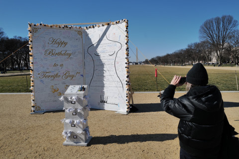 Located on the National Mall near the Capitol, the Trump birthday card for Jeffrey Epstein, is overseen by a massive two-story scowling T...