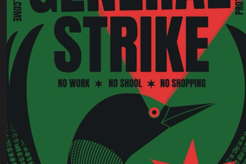 Green background with a bird spreading its wings. Text says: General Strike January 23. March downtown Mpls. Fascists not welcome.