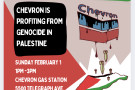 Chevron logo dripping with oil that turns into bombs dropping on Palestine