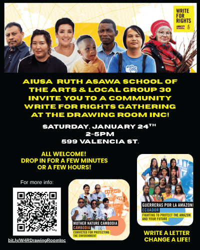 AIUSA local groups at the Drawing Room 599 Valencia. images of the 9 featured cases and a QR code for RSVP. RSVP not necessary!