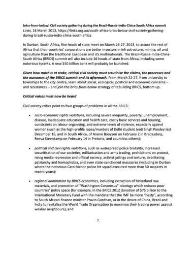 Patrick Bond will report on the real nature of BRICS & It's Role In Africa