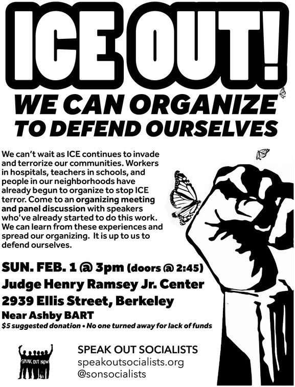 Event poster that says ICE Out with a raised fist.