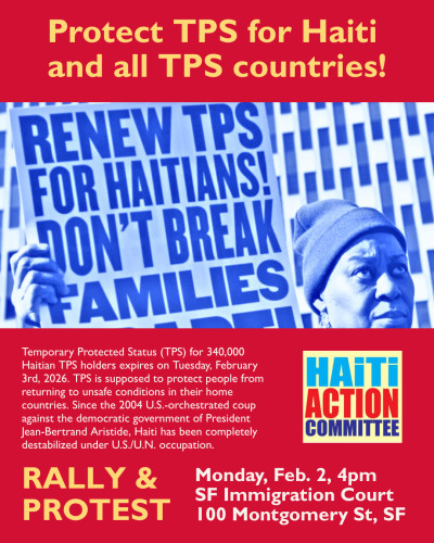 Photo with slogan Renew TPS for Haitians with rally & protest date and location