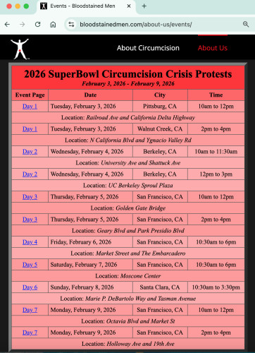 Bloodstainedmen.com SuperBowl LX Circumcision Crisis Protests Calendar
