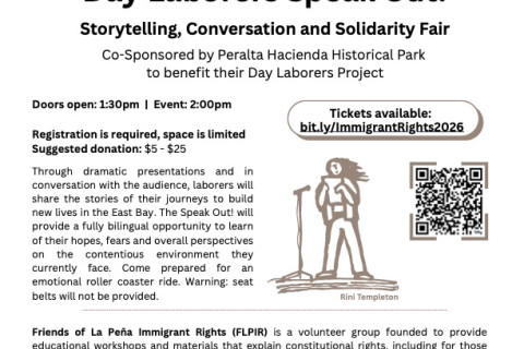 Flyer in English with white background describing the event Day Laborers Speak Out