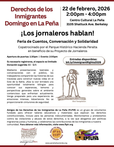 Flyer in Spanish with White background describing the event Los Jornaleros Hablan