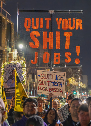 Following a march from a nearby neighborhood park, a candlelit rally with projections upon the office building of Palantir, company compl...