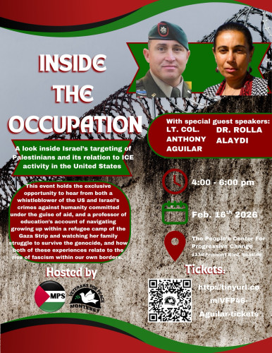Flyer for Inside the Occupation:  a talk with retired Army Lt. Col. Anthony Aguilar and Dr. Rolla Alaydi