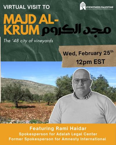 Online
https://www.zeffy.com/en-US/ticketing/virtual-delegation-majd-al-krum