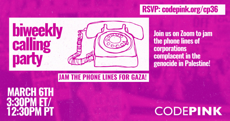 Zoom
https://www.codepink.org/cp36