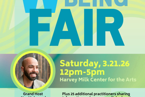 Postcard image with the Well-being Fair graphic with information and image of Grand Host, Nas Mohamed