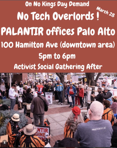 Palantir 
100 Hamilton Ave
downtown Palo Alto
we meet on the Alma St. side of the building (near entrance) 