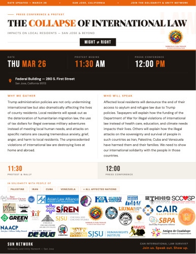 Flyer for the Collapse of International Law Rally & Press Conference