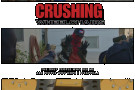 Crushing Wheelchairs poster with three photos: people sitting by a trash can, guns pointed, and a bulldozer crushing a wheelchair