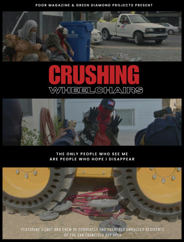 Crushing Wheelchairs poster with three photos: people sitting by a trash can, guns pointed, and a bulldozer crushing a wheelchair