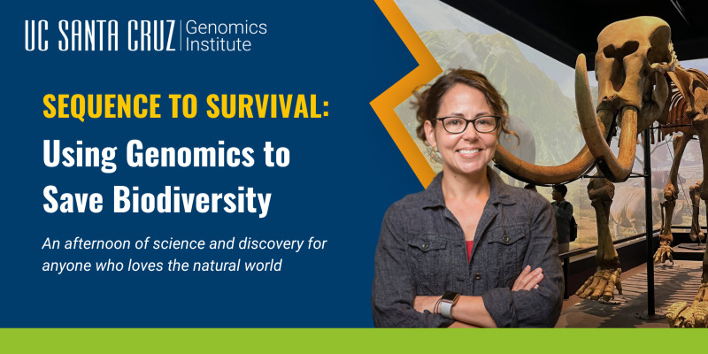 Beth Shapiro in front of a skeleton of a mammoth