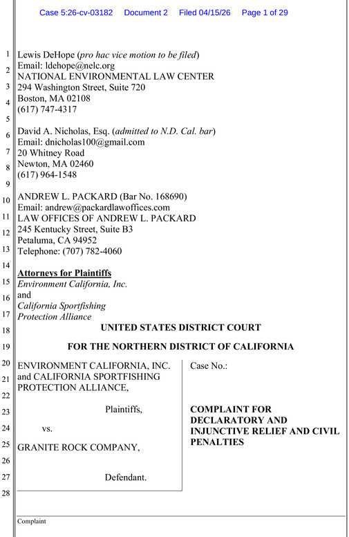SAN JOSE, Calif., April 15. 2026 – The nonprofit groups Environment California and California Sportfishing Protection Alliance (“CSPA”) f...