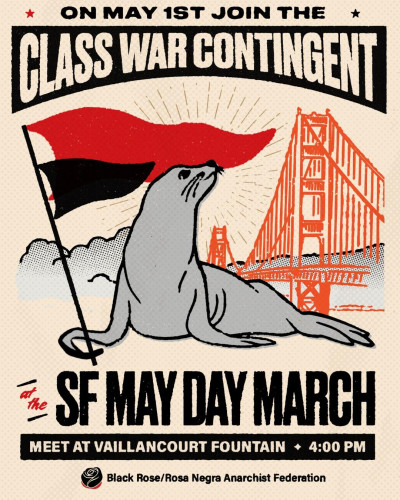 Seal holding red and black flags in front of San Francisco Bay Bridge.