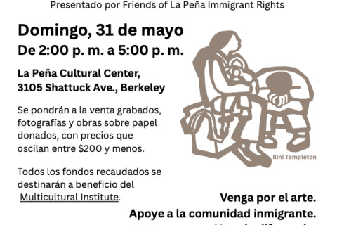 Folleto en español, invitando a la venta de arte en el Centro Cultural de la Peña el dia 31 de mayo a las 2pm.