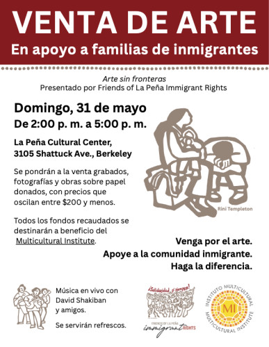 Folleto en español, invitando a la venta de arte en el Centro Cultural de la Peña el dia 31 de mayo a las 2pm.