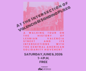A lavender colored square with a red duotoned image of the Gay Latino Alliance at the 1976 SF Gay Freedom Parade