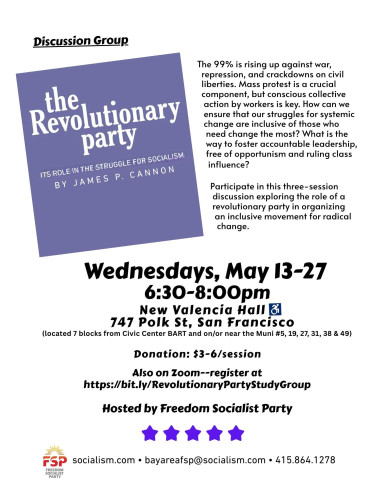 Flyer for Discussion Group — "The Revolutionary Party: Its Role in the Struggle for Socialism" by James P. Cannon (all text in description)