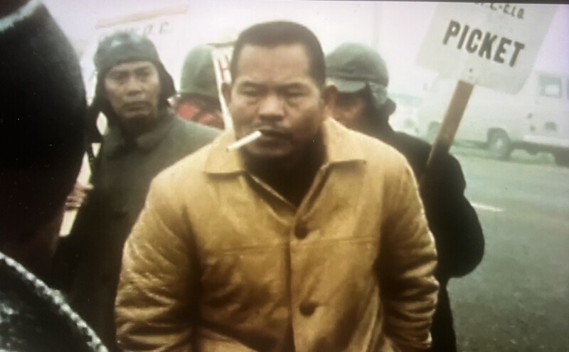 Farmworker organizer Larry Itliong on the picket line