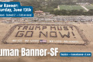 Trump Must Go Now banner on the beach with note that the next banner will be on June 13, 2026