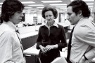 Photo of Carl Bernstein, Katherine Graham, and Bob Woodward.