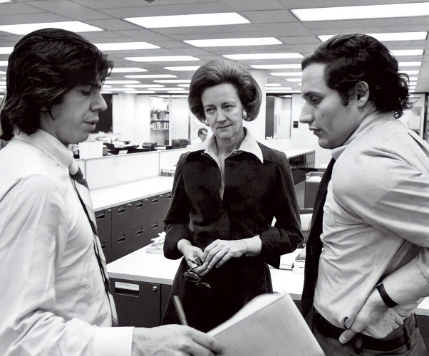 Photo of Carl Bernstein, Katherine Graham, and Bob Woodward.