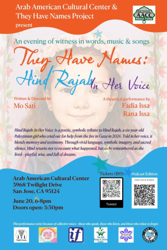 Flyer for the Hind Rajab play, including QR code for purchasing tickets.