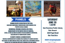 Blue colored flyer listing We the Peoples human rights education panels, 1:30pm, Saturday June 20th, SFPL Park Branch library logos & photos