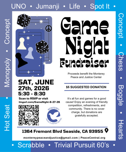 Game Night at the Peace Center in Seaside - 6-27-26 flyer