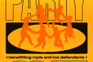 Flyer entitled "Summer of Solidarity Party" with event details. Silhouettes of people colored orange holding hands in a circle.