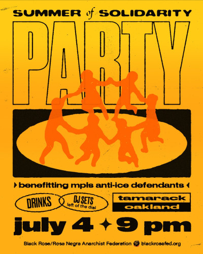 Flyer entitled "Summer of Solidarity Party" with event details. Silhouettes of people colored orange holding hands in a circle.