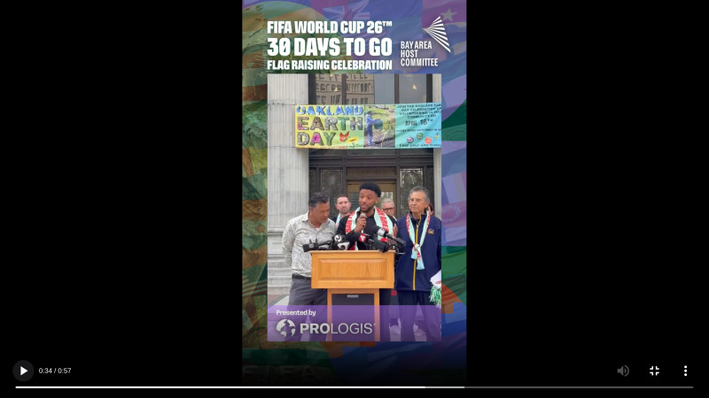 Left to right: Ken Houston, Kevin Jenkins, and Noel Gallo promote Earth Day in Oakland along with FIFA '26, "presented by Prologis".