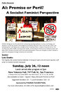 A flier listing details of the event and showing a group of people protesting corporate AI