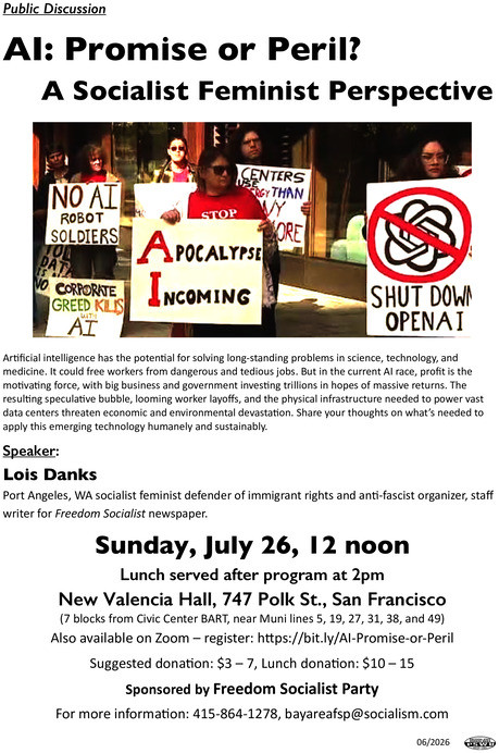 A flier listing details of the event and showing a group of people protesting corporate AI