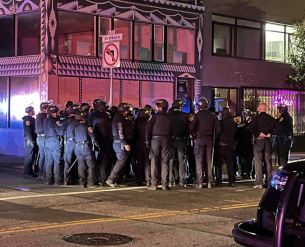 about 20 individual cops visible in the frame