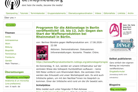 Screenshot of de.indymedia.org on July 10, 2026