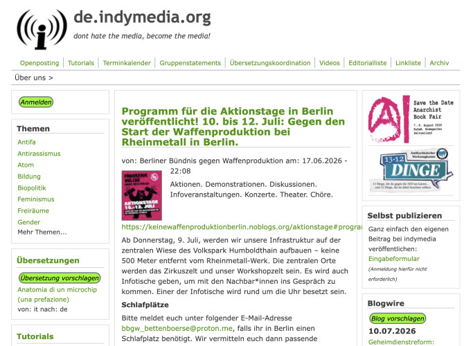Screenshot of de.indymedia.org on July 10, 2026